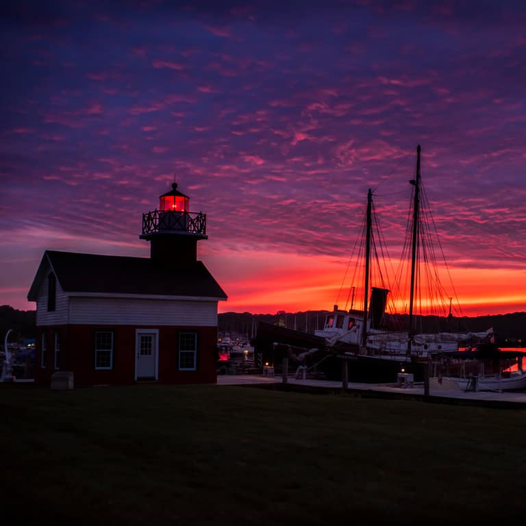 A lighthouse and sailboat masts silhouetted against a red and violet sunset