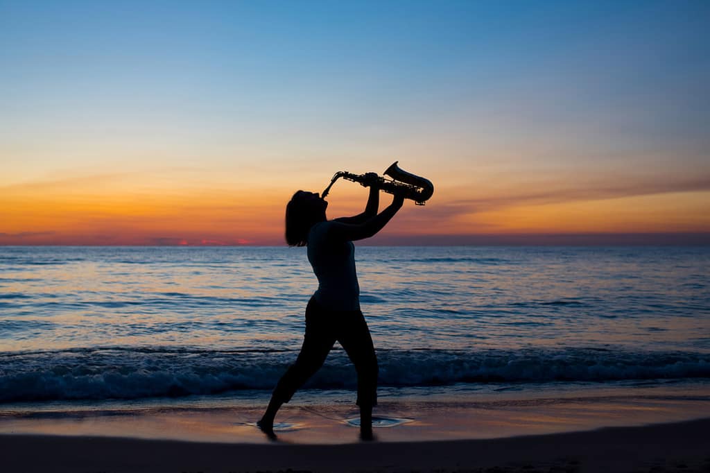 A saxophonist silhouetted against a Lake Michigan sunset